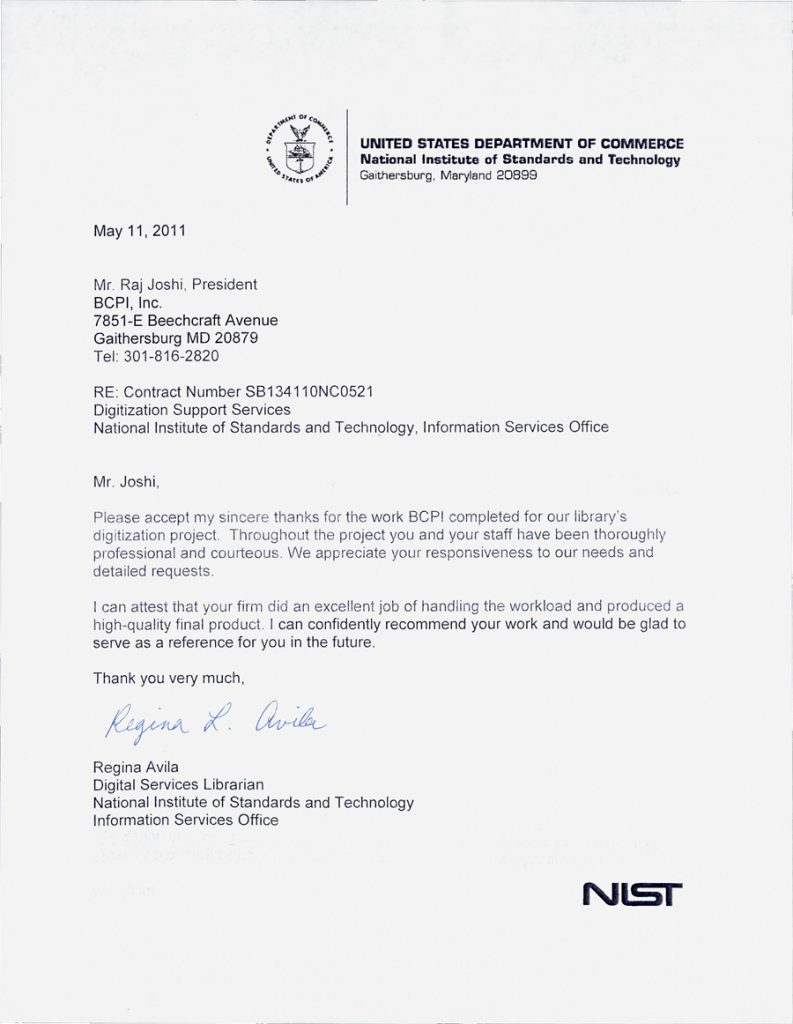 NIST United States Department of Commerce Letter